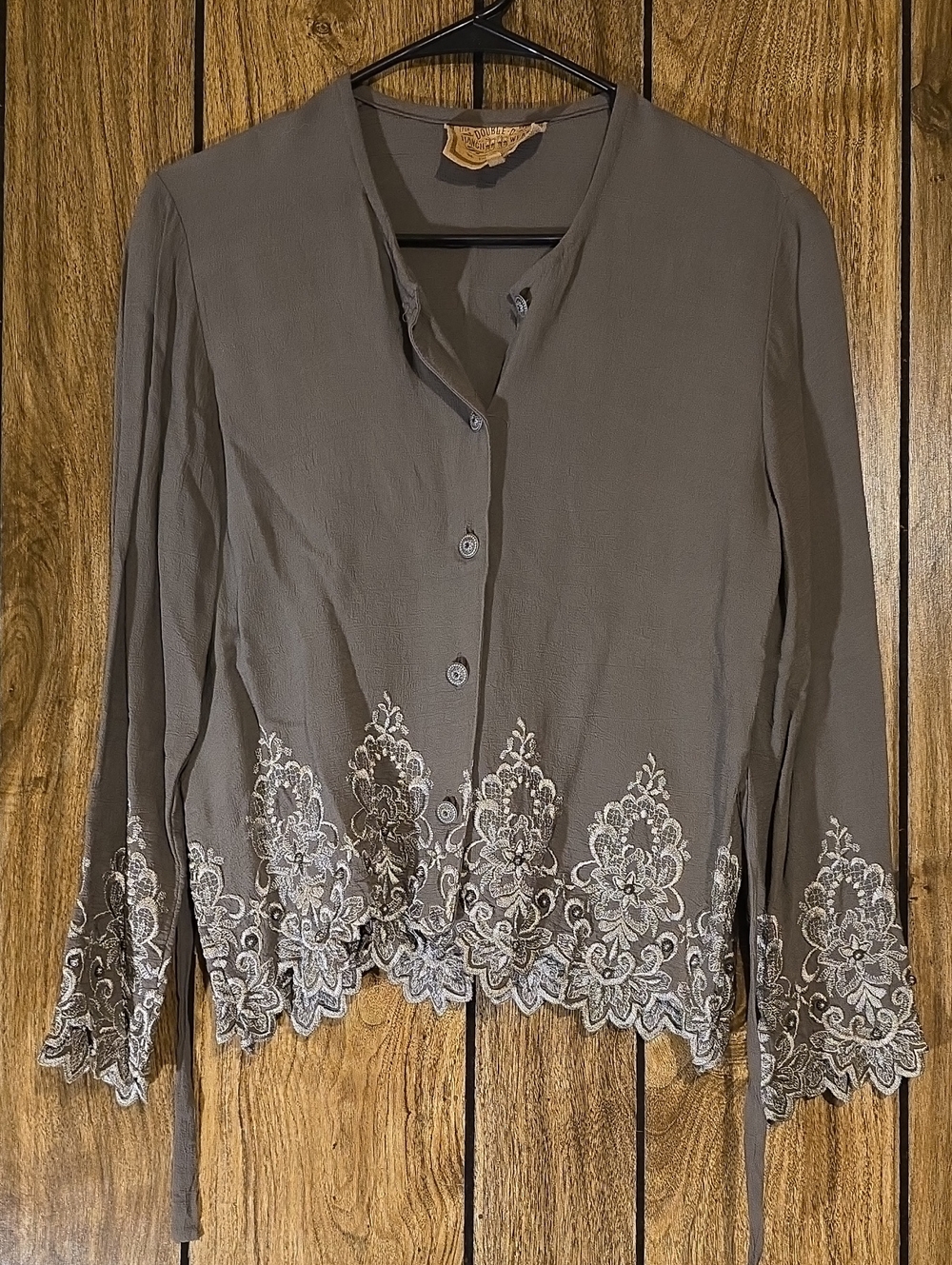 Double D Ranch Taupe Button-Down Shirt with Cream Lace Trim